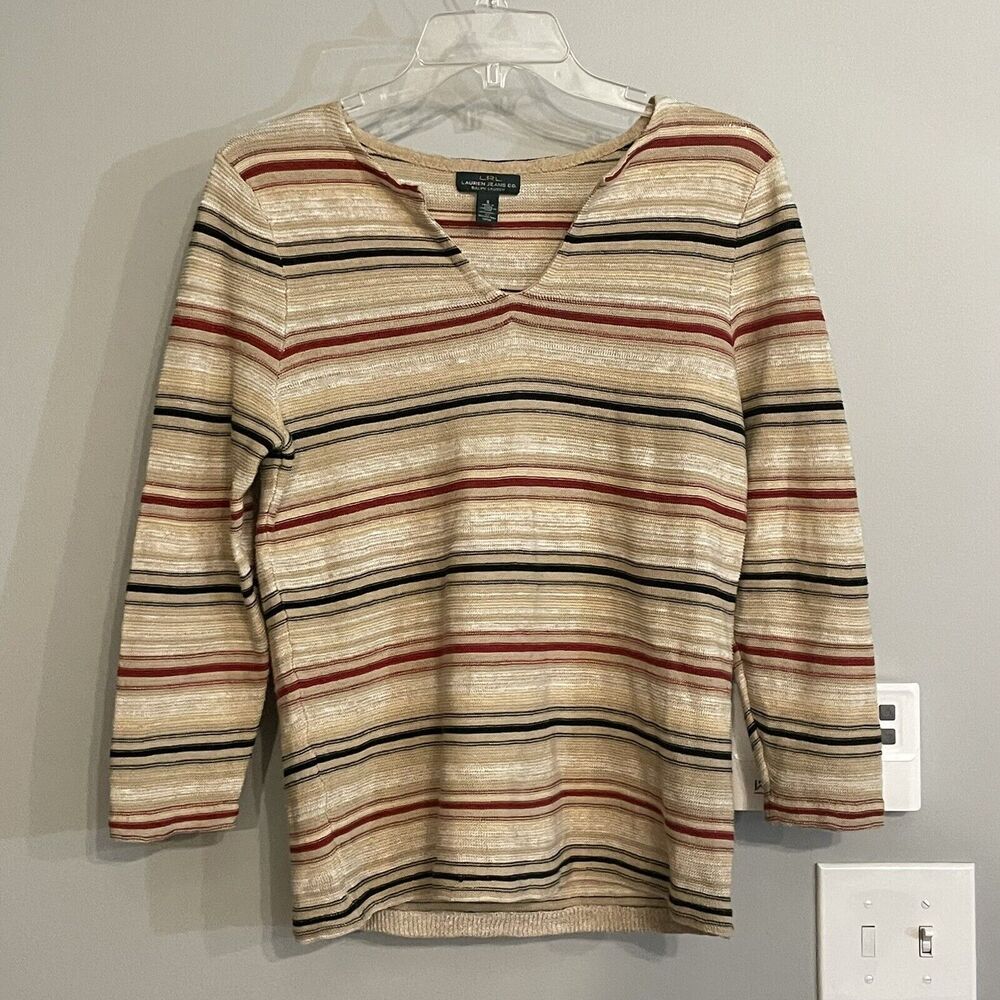 Lauren Ralph Lauren Sweater Linen Cotton Blend Striped Lightweight Small EUC‎